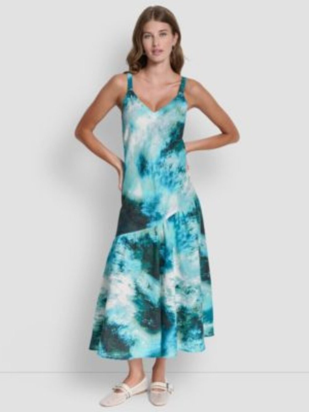 NEW DKNY Women's "TIDAL BRUSHSTROKE" Shirred Printed V-Neck 100% Linen Size XL